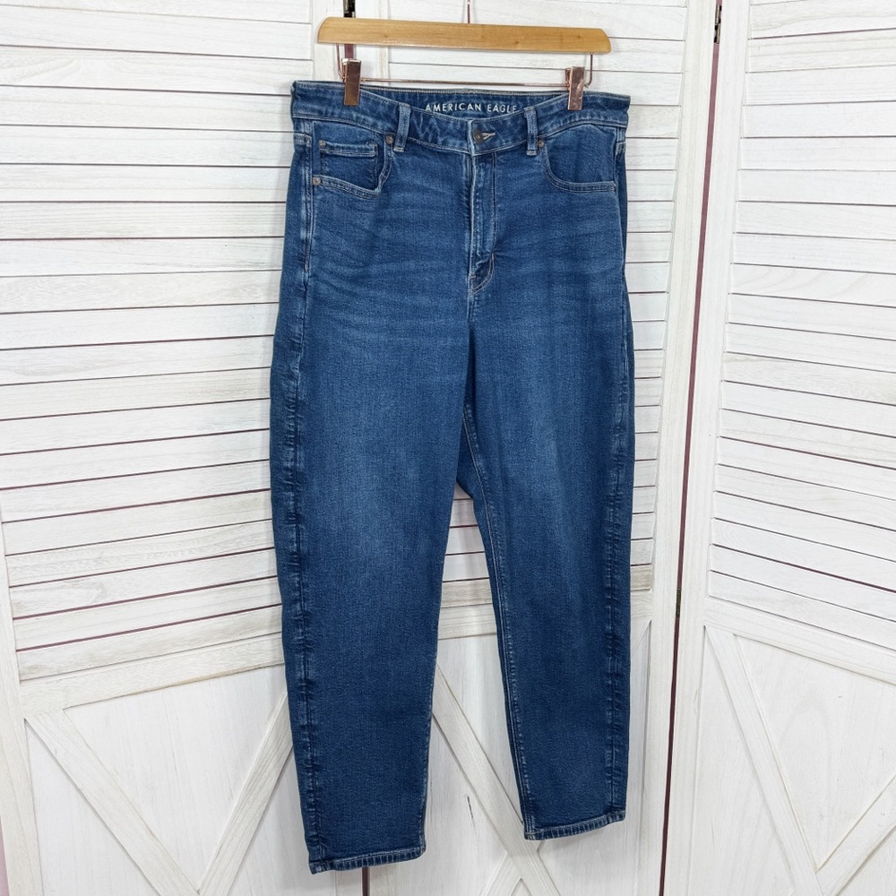 American Eagle Stretch Denim Mom Jeans Retro Blue Size 14 Ankle